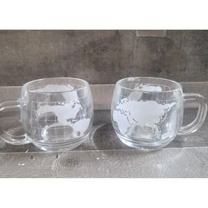 2 Nestle Etched Clear Glass World Globe Coffee Cup